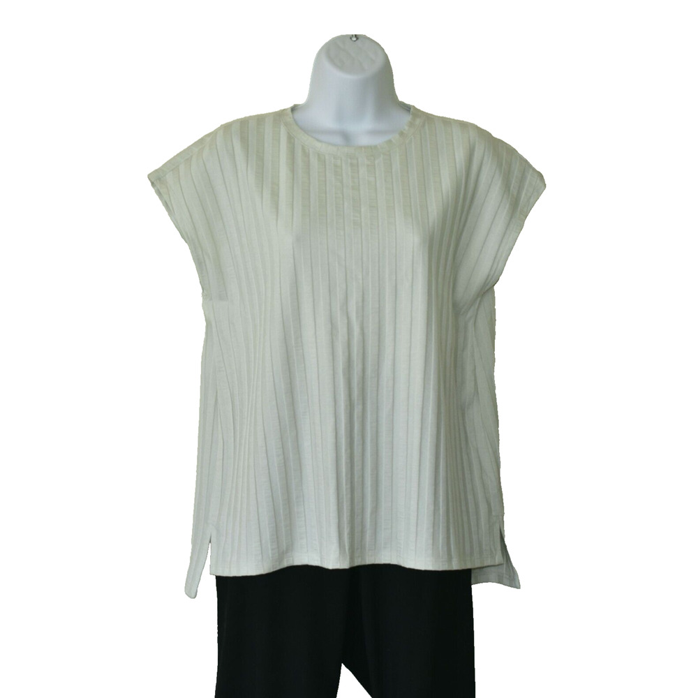 A8 Auth EILEEN FISHER Light Sage Stripe Pattern Crewneck Petite Boxy Top Size PM